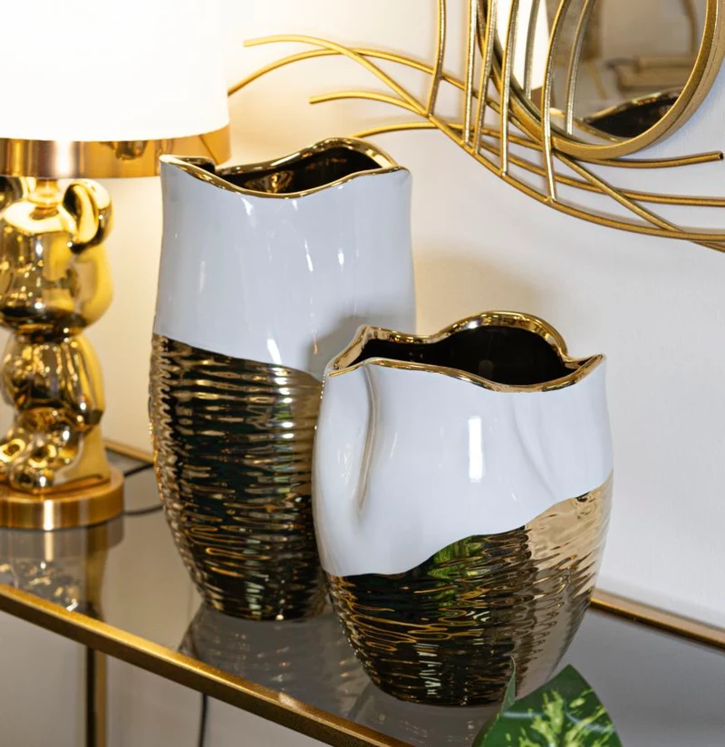 Vaso Ceramica Lux Ø20x35 cm in Ceramica Bianco e Oro
