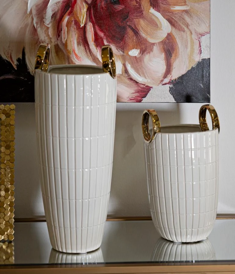 Vaso Ceramica Shopping Ø18x25 cm in Ceramica Bianco e Oro