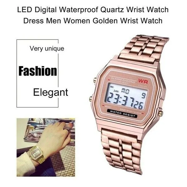 Impermeabile in oro rosa Moda Uomo Donna Orologio da polso digitale Orologi U.D.