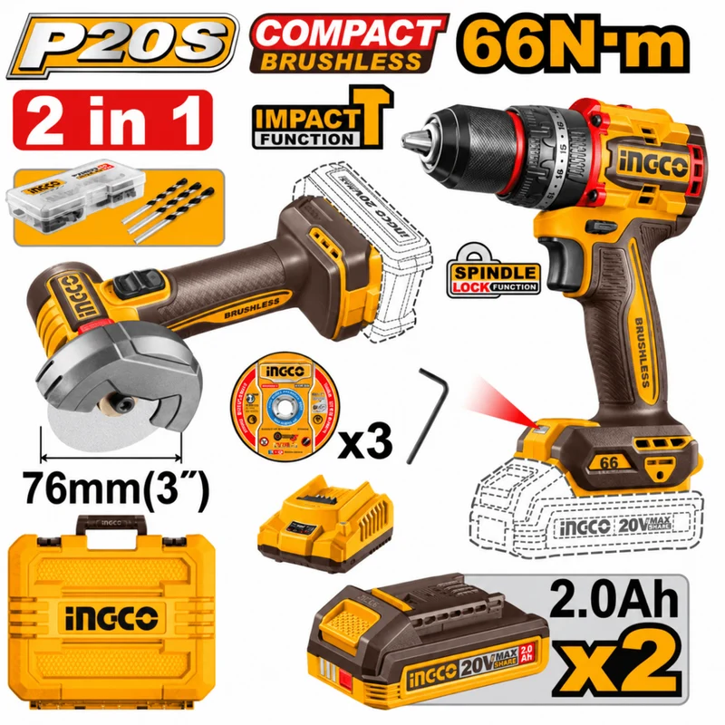 Kit Mini smerigliatrice a batteria (CAGLI20762E) e Trapano avvitatore a percussione brushless compatto a batteria (CIDLI206681)