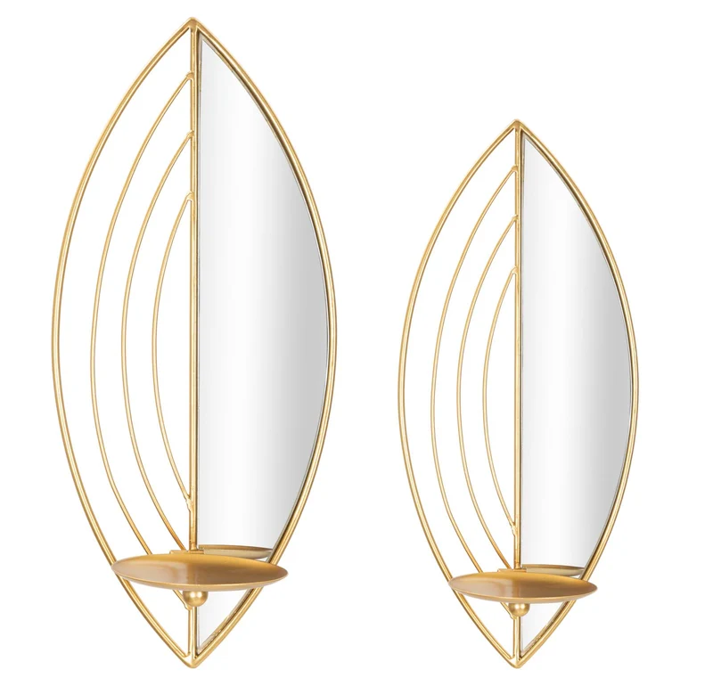 Porta Candele Leaf da Muro Coppia 18x13x42 cm - 15x13x35 cm in Ferro e Specchio Oro