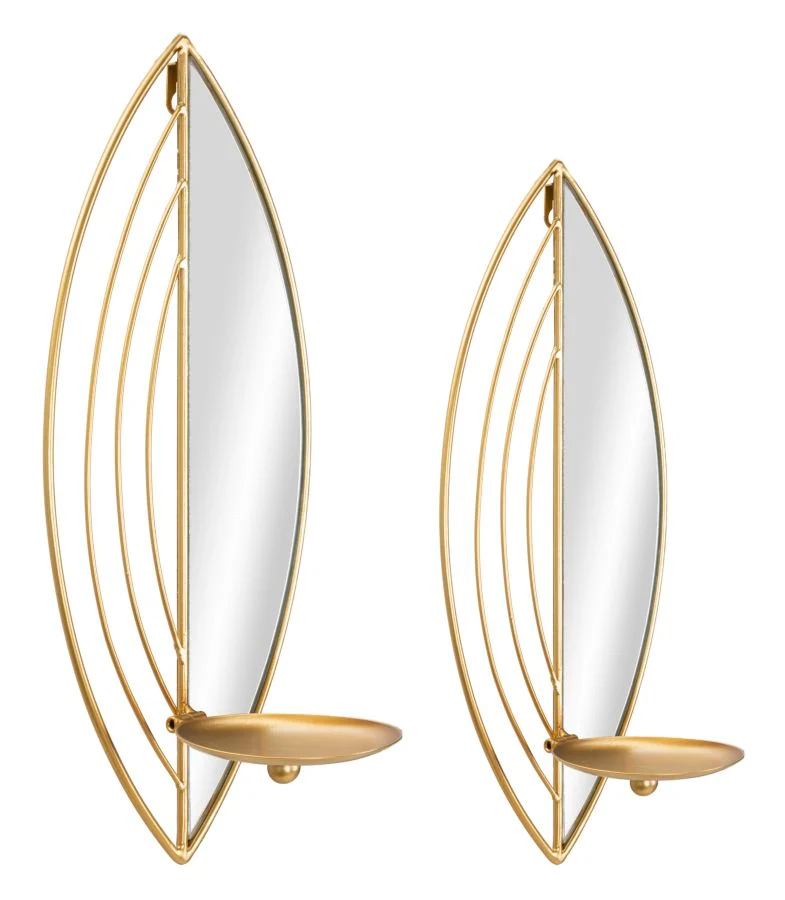 Porta Candele Leaf da Muro Coppia 18x13x42 cm - 15x13x35 cm in Ferro e Specchio Oro