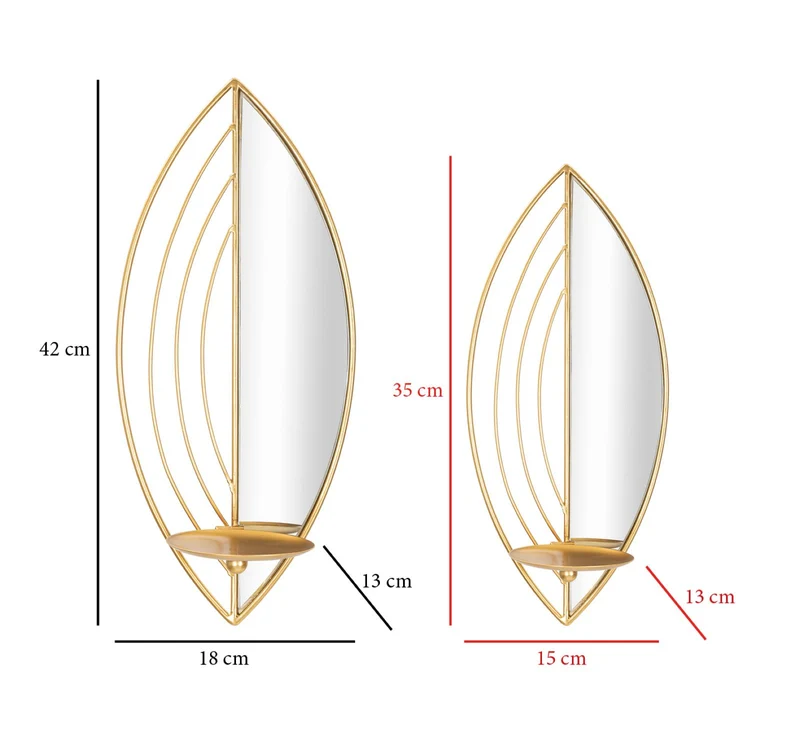 Porta Candele Leaf da Muro Coppia 18x13x42 cm - 15x13x35 cm in Ferro e Specchio Oro