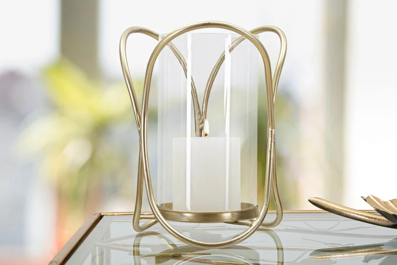 Porta Candele Glox Gold Ø16x21,5 cm in Ferro e Vetro Oro