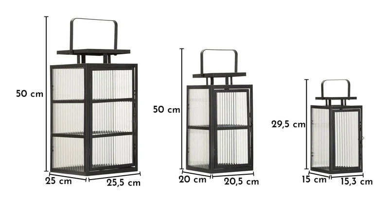 Lanterne Andromeda Tris 25,5x25x50 cm in Metallo e Vetro Nero