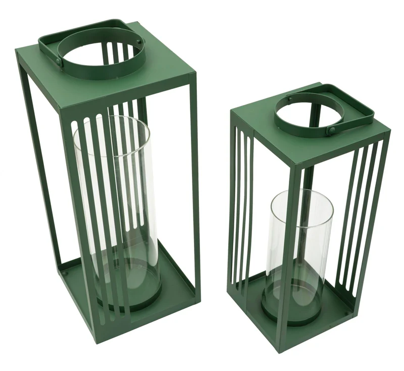 Lanterne Linee Coppia 18,3x18,3x43,5 cm in Metallo e Vetro Verde