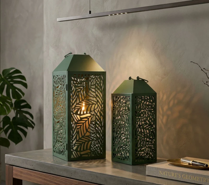 Lanterne Carving Coppia 17,8x17,8x44 cm in Metallo Verde