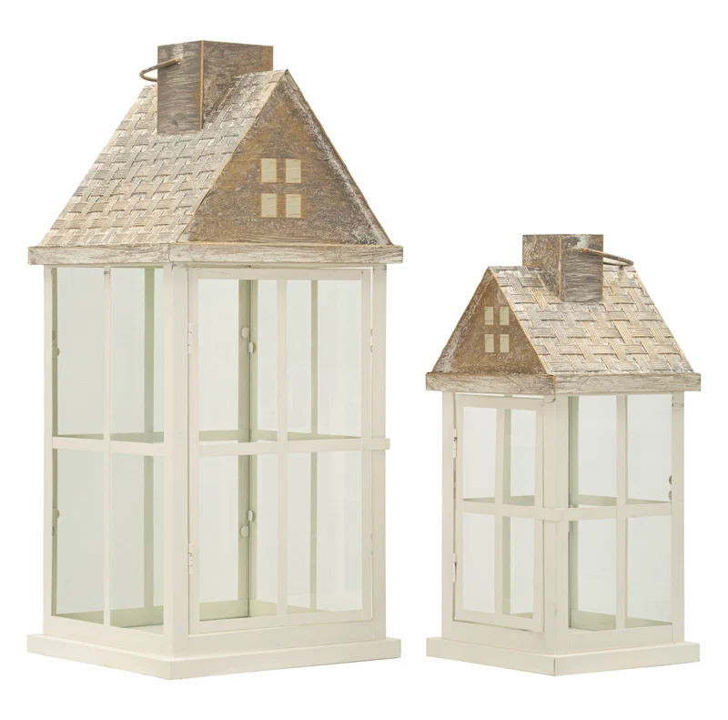 Lanterne Home Coppia 24,5x24,5x55 cm in Legno e Vetro Bianco e Grigio