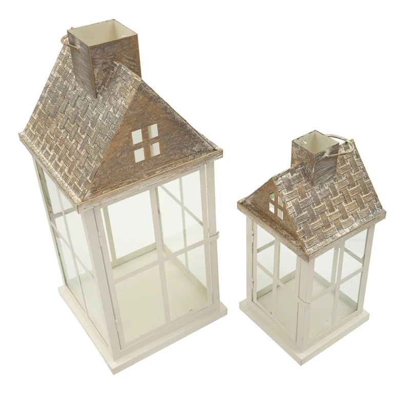 Lanterne Home Coppia 24,5x24,5x55 cm in Legno e Vetro Bianco e Grigio