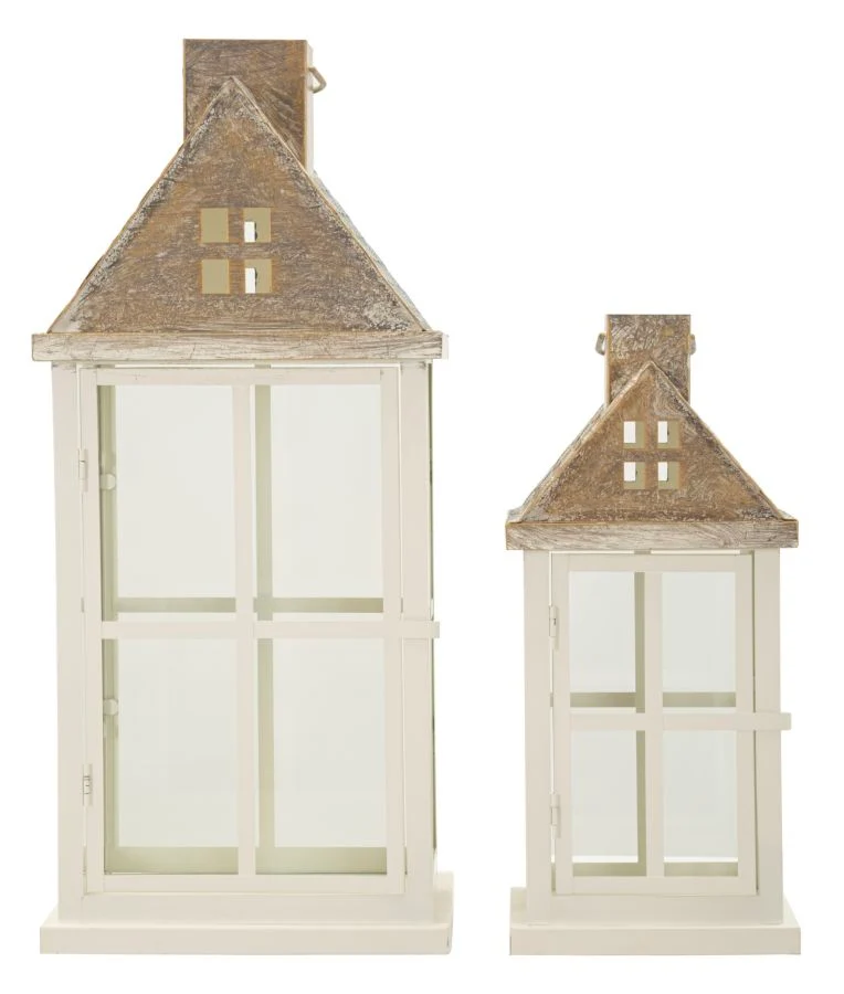 Lanterne Home Coppia 24,5x24,5x55 cm in Legno e Vetro Bianco e Grigio