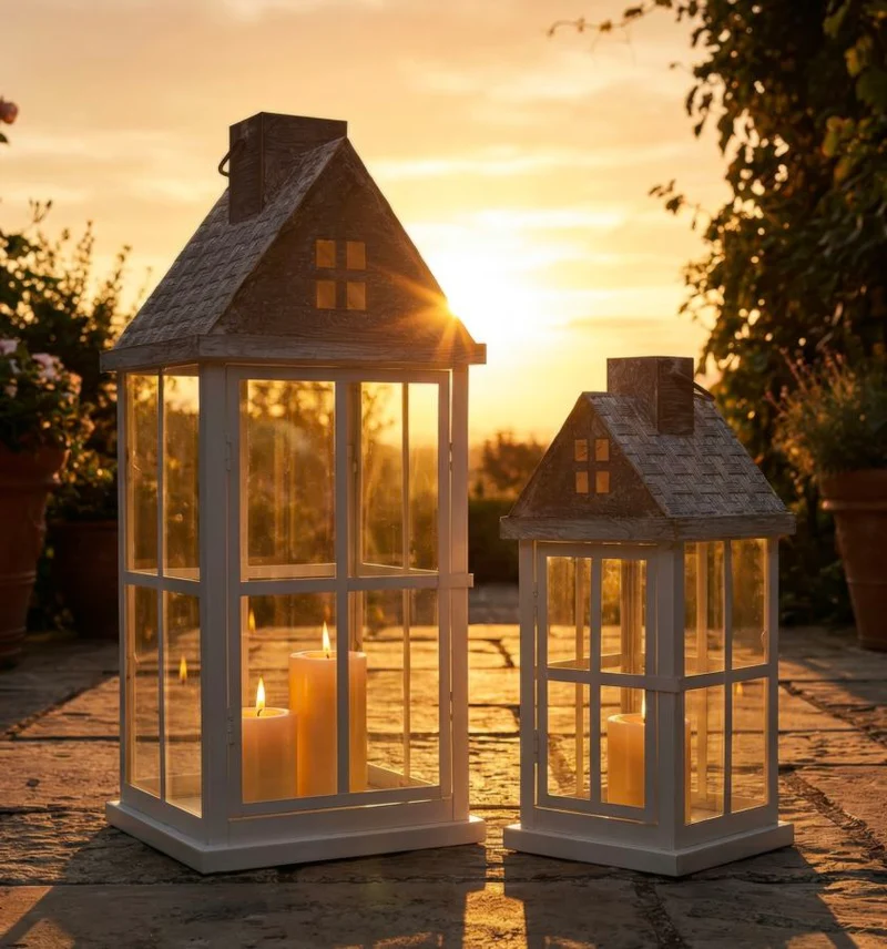 Lanterne Home Coppia 24,5x24,5x55 cm in Legno e Vetro Bianco e Grigio