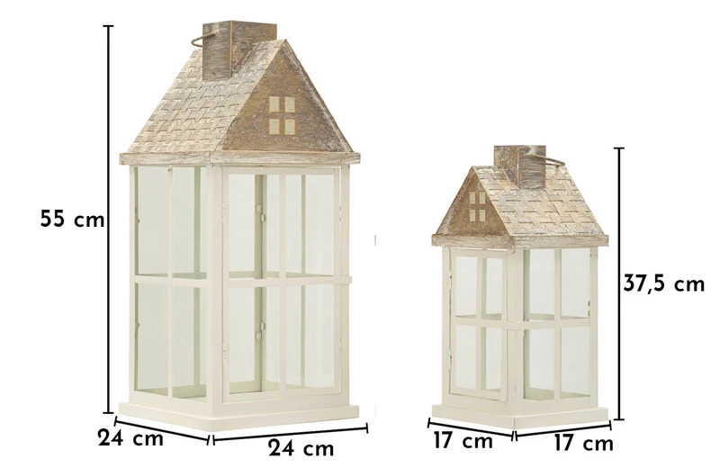 Lanterne Home Coppia 24,5x24,5x55 cm in Legno e Vetro Bianco e Grigio