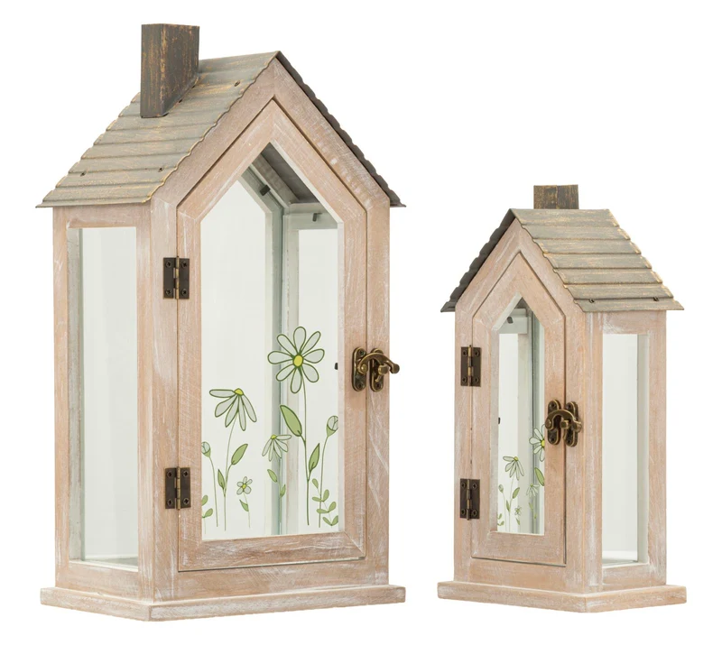 Lanterne Home Flower Coppia 18x13x36 cm in Legno e Vetro Marrone e Grigio e Verde