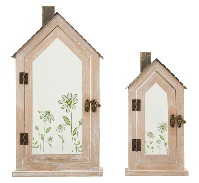 Lanterne Home Flower Coppia 18x13x36 cm in Legno e Vetro Marrone e Grigio e Verde