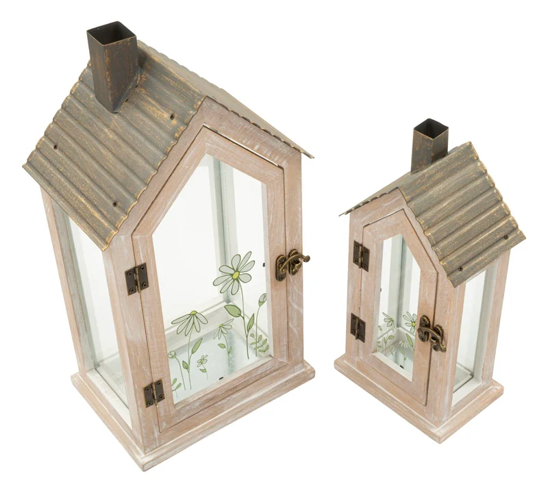 Lanterne Home Flower Coppia 18x13x36 cm in Legno e Vetro Marrone e Grigio e Verde