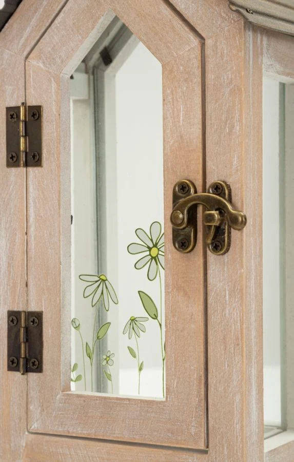 Lanterne Home Flower Coppia 18x13x36 cm in Legno e Vetro Marrone e Grigio e Verde