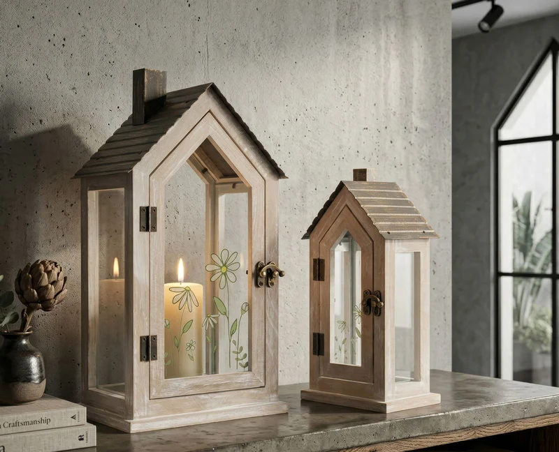 Lanterne Home Flower Coppia 18x13x36 cm in Legno e Vetro Marrone e Grigio e Verde