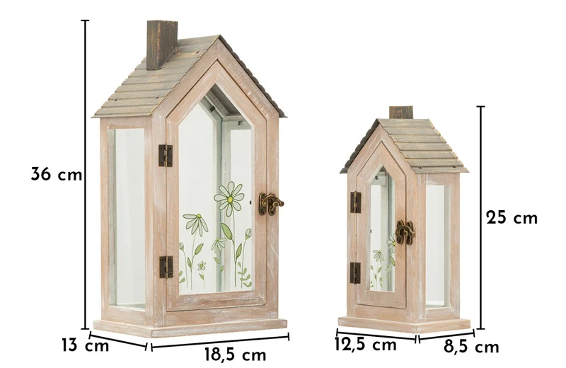 Lanterne Home Flower Coppia 18x13x36 cm in Legno e Vetro Marrone e Grigio e Verde