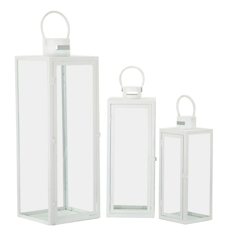 Lanterne White Set 3 Pz 22x22x66 cm - 18x18x49,5 cm - 14x14x39 cm in Ferro e Vetro Bianco