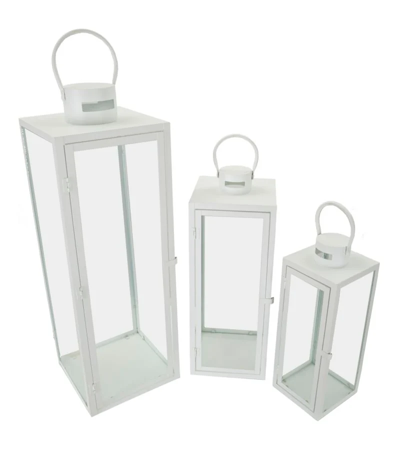 Lanterne White Set 3 Pz 22x22x66 cm - 18x18x49,5 cm - 14x14x39 cm in Ferro e Vetro Bianco