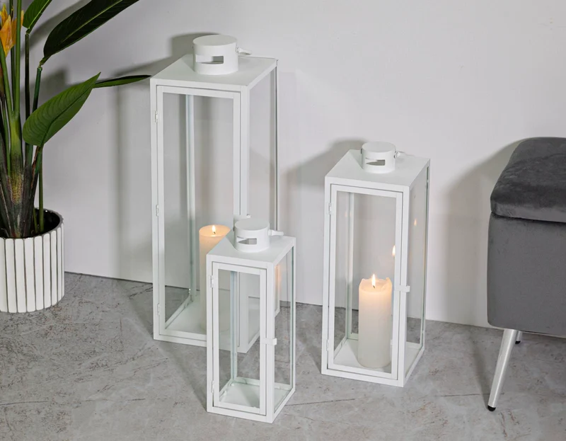 Lanterne White Set 3 Pz 22x22x66 cm - 18x18x49,5 cm - 14x14x39 cm in Ferro e Vetro Bianco