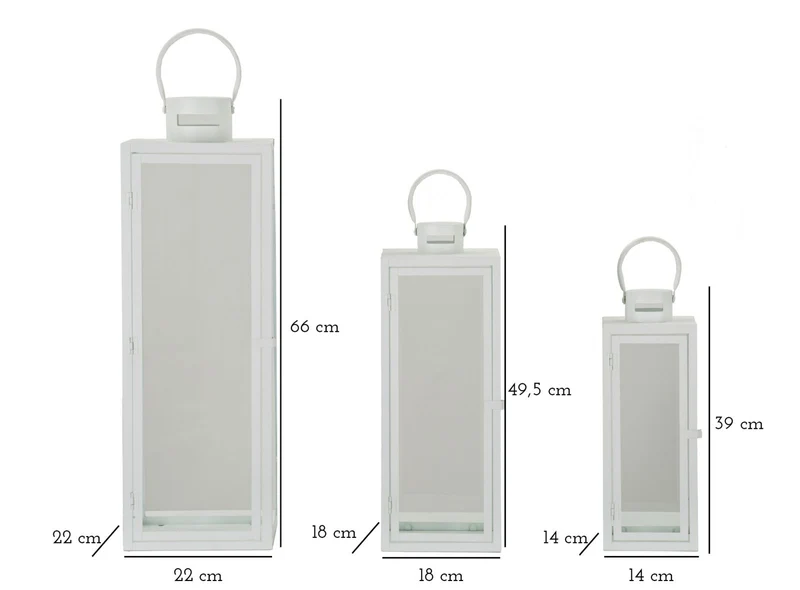 Lanterne White Set 3 Pz 22x22x66 cm - 18x18x49,5 cm - 14x14x39 cm in Ferro e Vetro Bianco