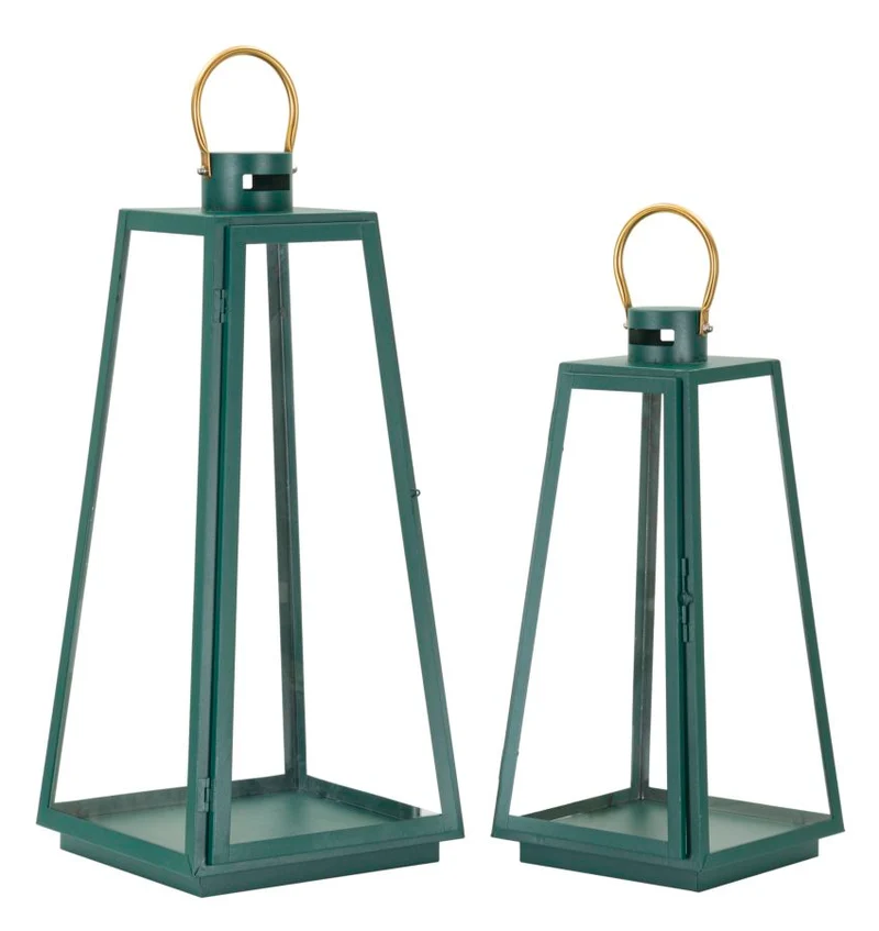 Lanterne Grent Set 2 Pz Ø25x57 cm - Ø20x45 cm in Ferro e Vetro Verde e Oro