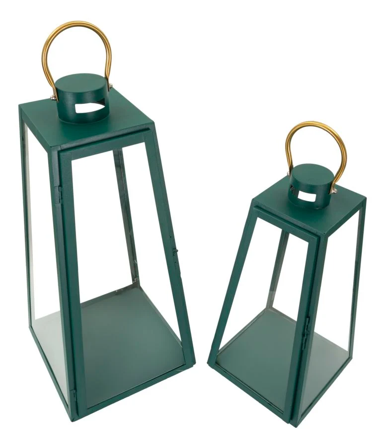 Lanterne Grent Set 2 Pz Ø25x57 cm - Ø20x45 cm in Ferro e Vetro Verde e Oro