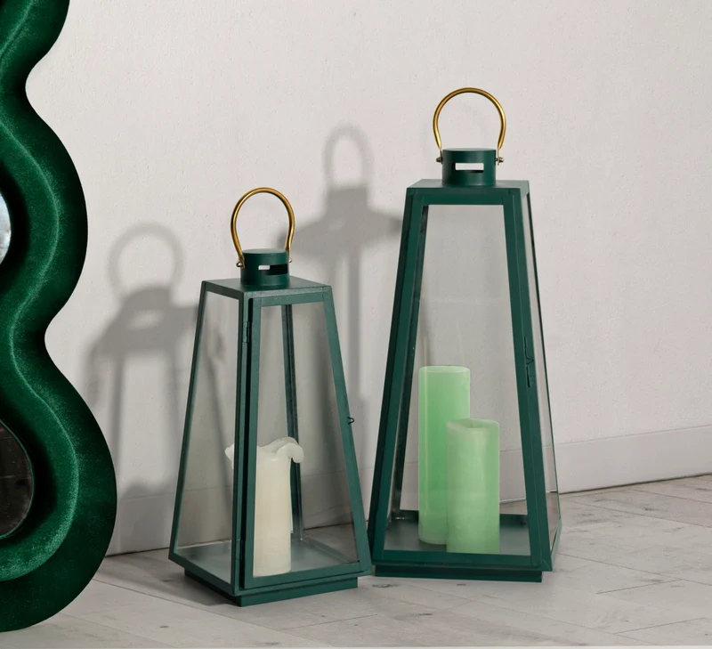 Lanterne Grent Set 2 Pz Ø25x57 cm - Ø20x45 cm in Ferro e Vetro Verde e Oro
