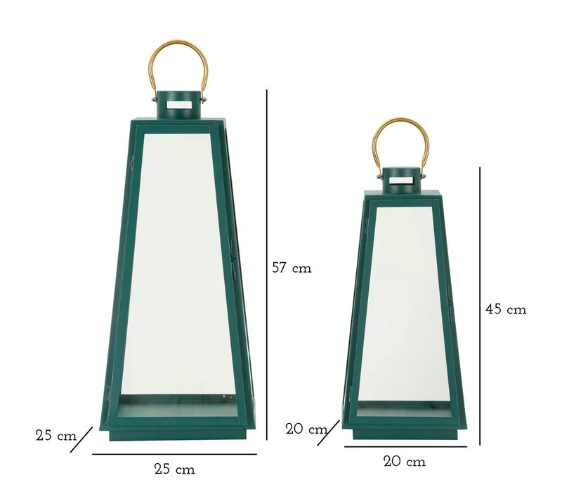 Lanterne Grent Set 2 Pz Ø25x57 cm - Ø20x45 cm in Ferro e Vetro Verde e Oro