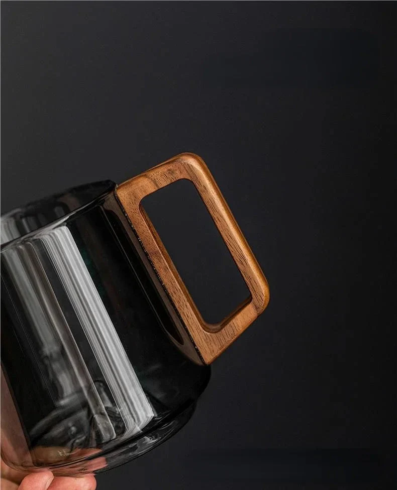 Modern Transparent Glass Mug with Wooden Handle