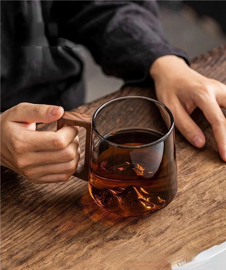 Modern Transparent Glass Mug with Wooden Handle