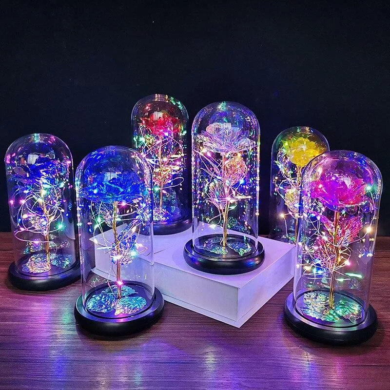 Shimmering Galactic Rose in a Glass Dome