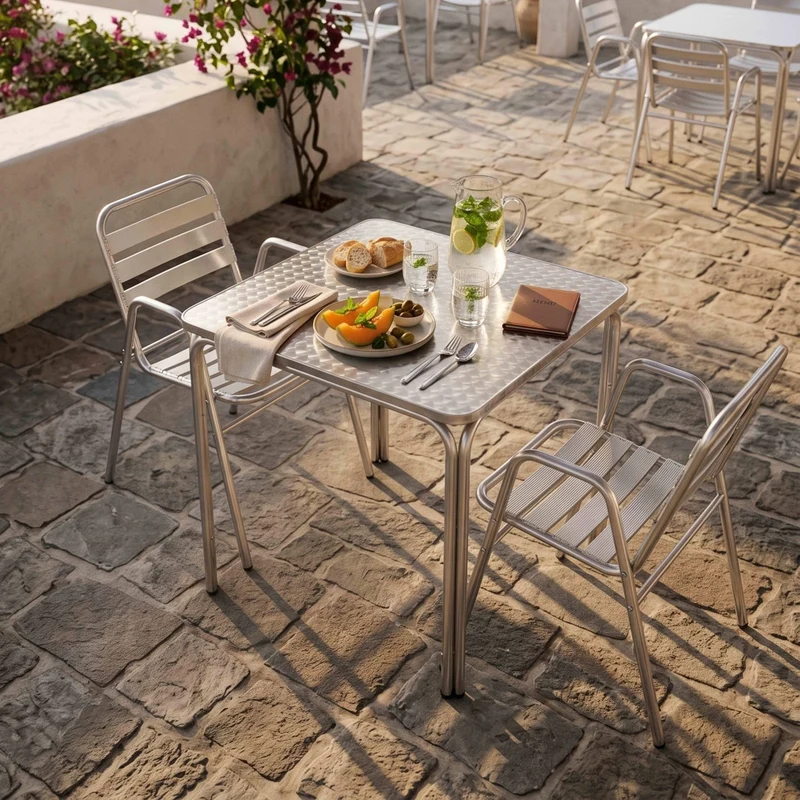 Oviala - Tavolo da giardino quadrato in alluminio e 2 sedie