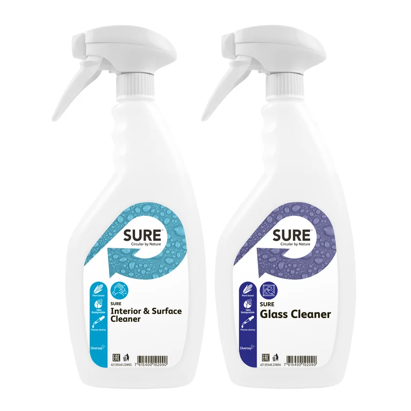 Kit flaconi vuoti 750 ml con etichette Diversey Flaconi con spruzzatore per SURE Glass & Surface Cleaner 1 pezzo DISPONIBILE IN 7 GIORNI LAVORATIVI