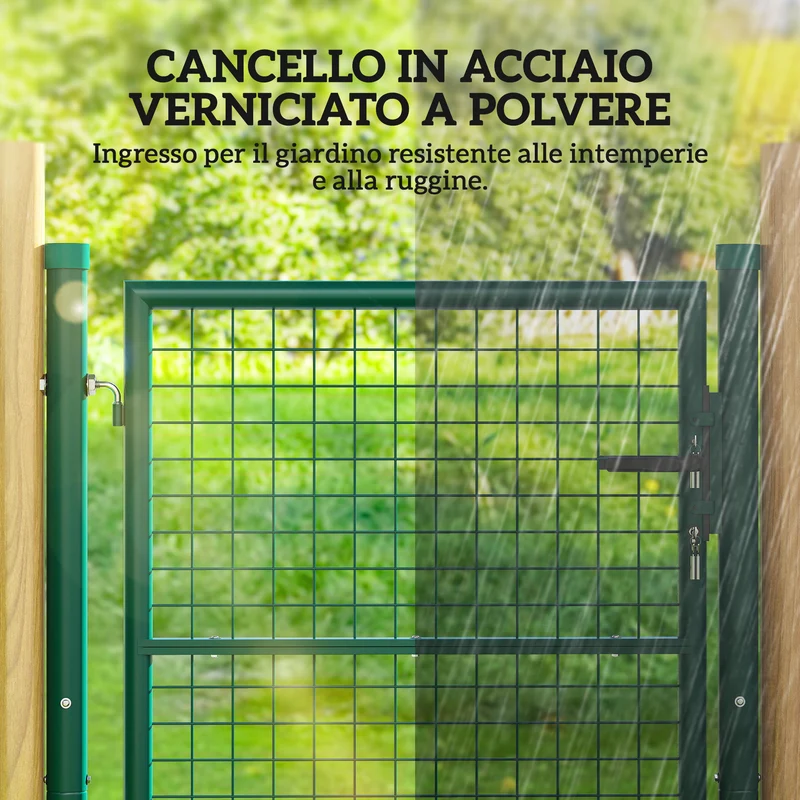 Cancello da Giardino in Acciaio 97x150 cm con Serratura 3 Chiavi Maniglia e 2 Pali in Acciaio Verde