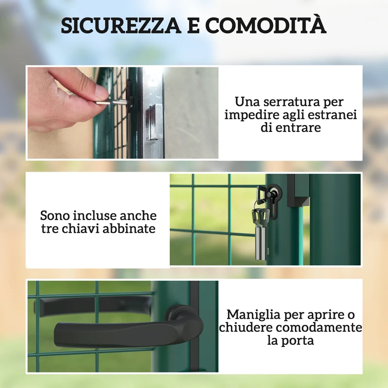 Cancello da Giardino in Acciaio 97x150 cm con Serratura 3 Chiavi Maniglia e 2 Pali in Acciaio Verde