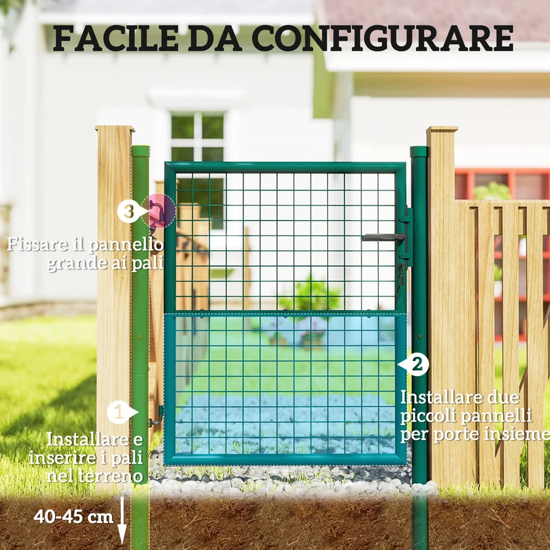 Cancello da Giardino in Acciaio 97x150 cm con Serratura 3 Chiavi Maniglia e 2 Pali in Acciaio Verde