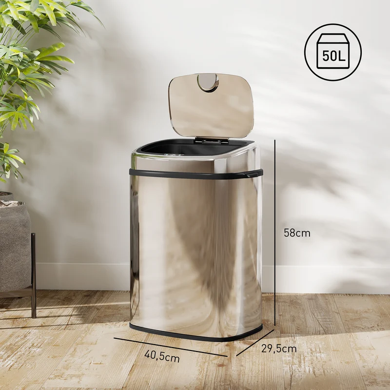Pattumiera con Sensore a Infrarossi 40,5x29,5x58 cm Capacità da 50L con 2 Modalità di Apertura in Acciaio Inox Argento