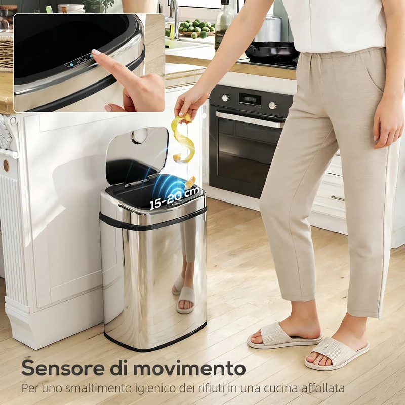 Pattumiera con Sensore a Infrarossi 40,5x29,5x58 cm Capacità da 50L con 2 Modalità di Apertura in Acciaio Inox Argento