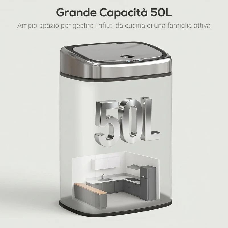 Pattumiera con Sensore a Infrarossi 40,5x29,5x58 cm Capacità da 50L con 2 Modalità di Apertura in Acciaio Inox Argento