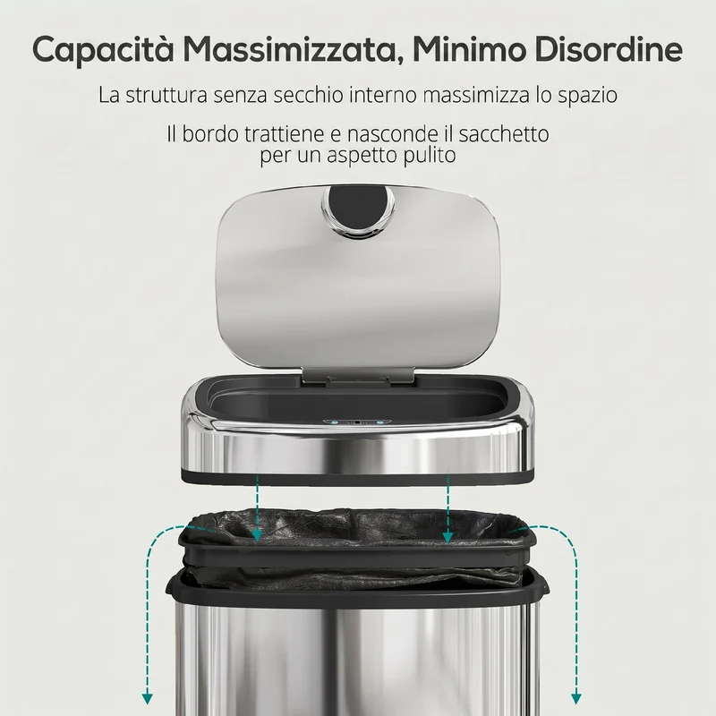 Pattumiera con Sensore a Infrarossi 40,5x29,5x58 cm Capacità da 50L con 2 Modalità di Apertura in Acciaio Inox Argento