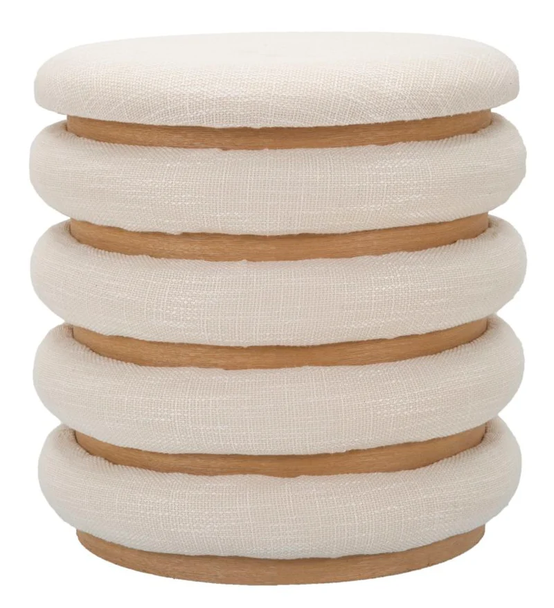 Puff Damasco Line Ø40x42 cm in MDF e Spugna e Poliestere e Cotone Naturale