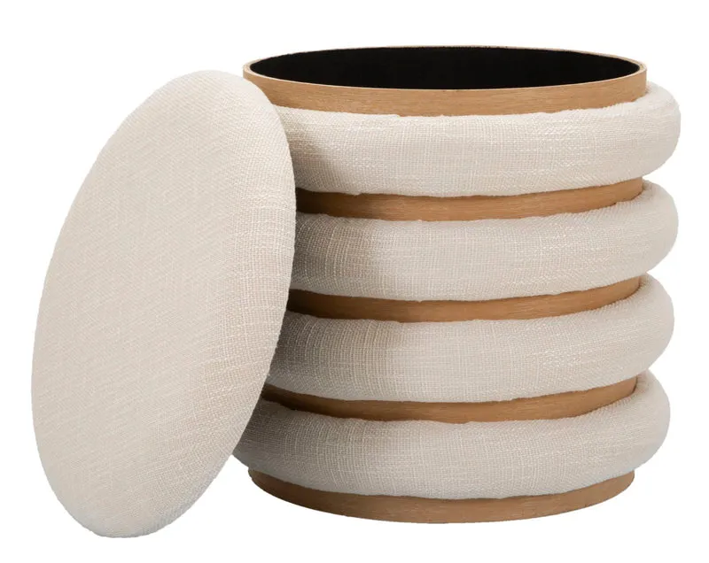 Puff Damasco Line Ø40x42 cm in MDF e Spugna e Poliestere e Cotone Naturale