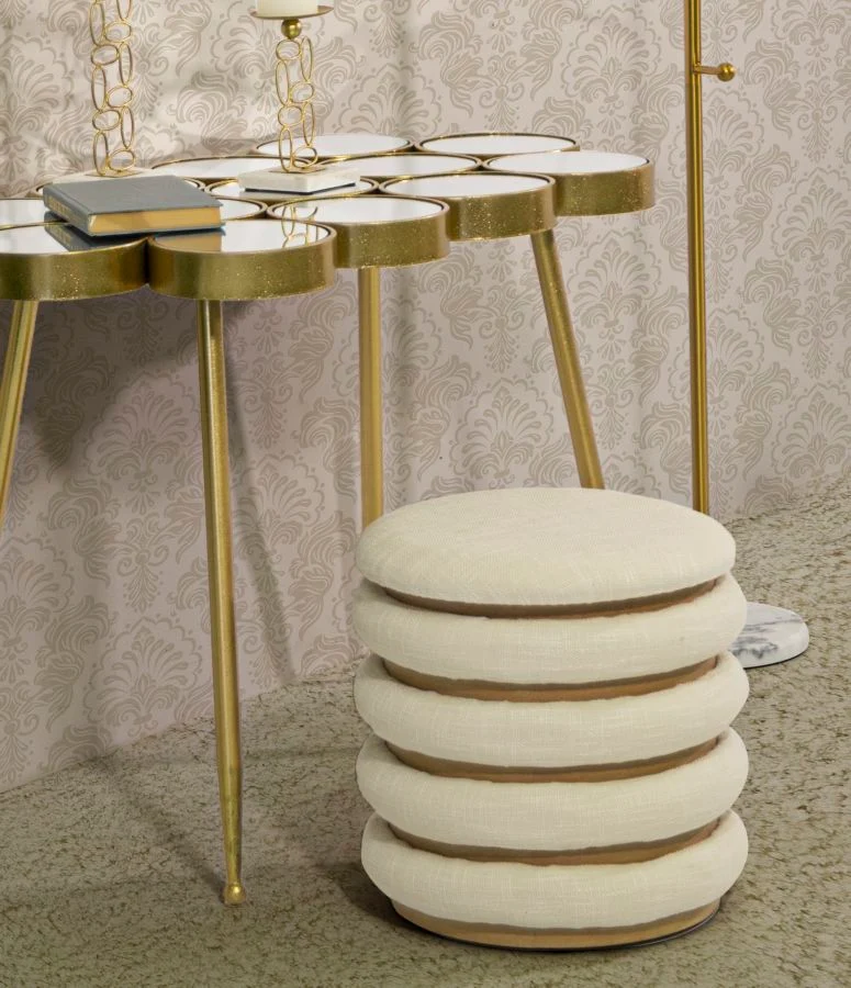 Puff Damasco Line Ø40x42 cm in MDF e Spugna e Poliestere e Cotone Naturale