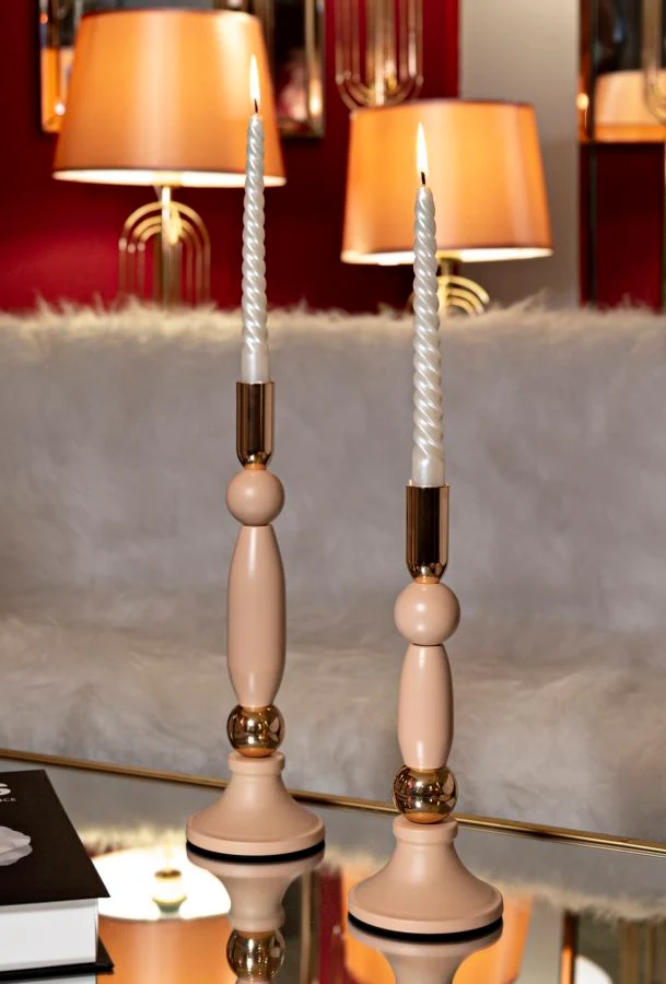 Porta Candele Strek Rosa Set 2 Pz Ø9,5x30 cm - Ø9,5x25 cm in Ferro Rosa e Oro