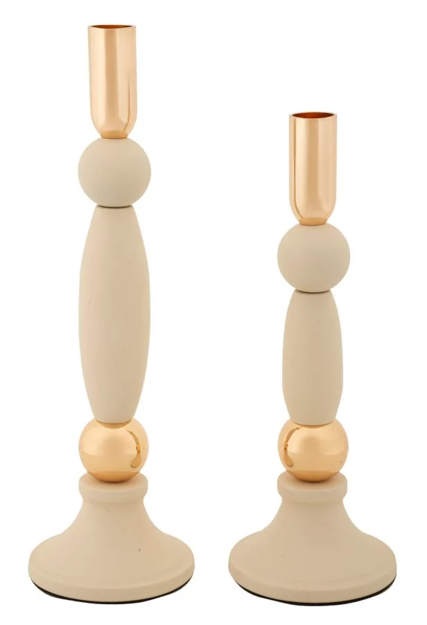 Porta Candele Strek Crema Set 2 Pz Ø9,5x30 cm - Ø9,5x25 cm in Ferro Crema e Oro
