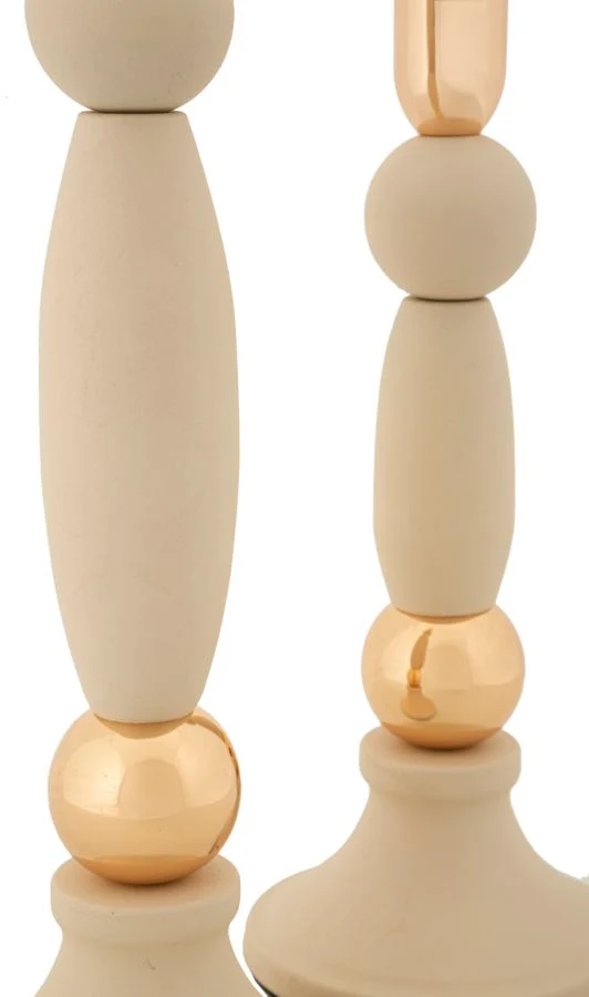 Porta Candele Strek Crema Set 2 Pz Ø9,5x30 cm - Ø9,5x25 cm in Ferro Crema e Oro