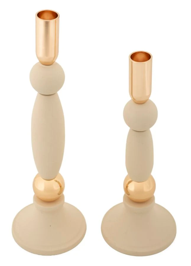 Porta Candele Strek Crema Set 2 Pz Ø9,5x30 cm - Ø9,5x25 cm in Ferro Crema e Oro