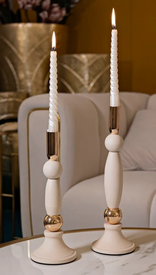 Porta Candele Strek Crema Set 2 Pz Ø9,5x30 cm - Ø9,5x25 cm in Ferro Crema e Oro